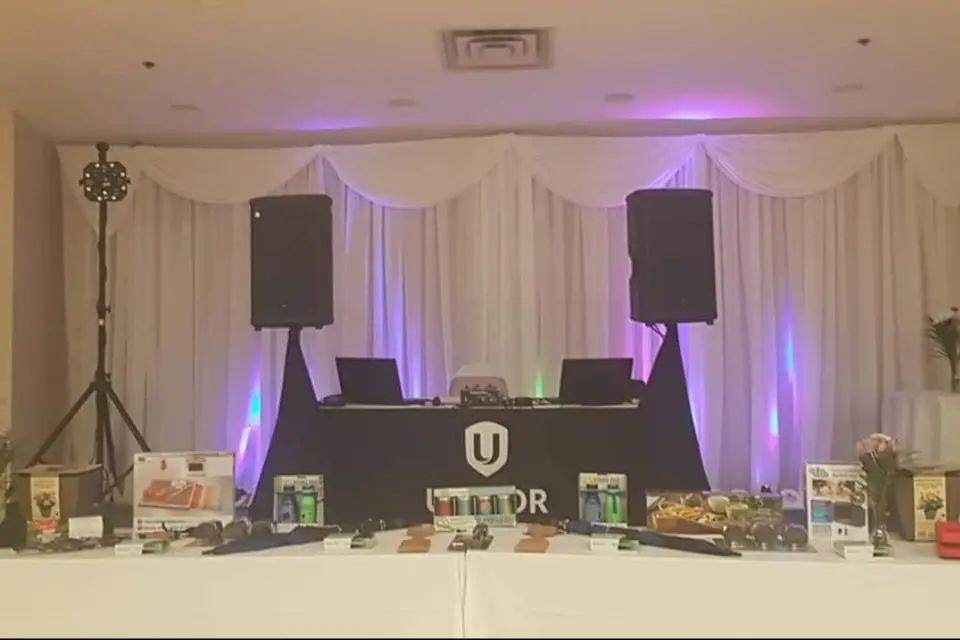 The DJ booth and prize display set up for a stag and doe fundraiser